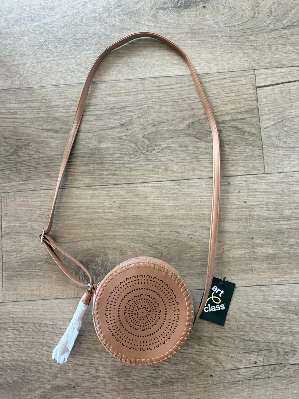 NWT: art class Round Crossbody Bag in Light Tan with boho detail & fringe